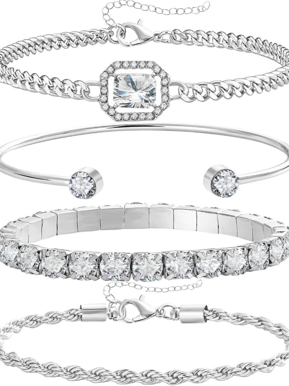 4 Pcs Dainty Gold Silver Bracelets Set for Women 14K Plated Link Cubic Zirconia